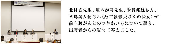 北村寛先生、塚本泰司先生、米長邦雄さん、八島美夕紀さん（故三波春夫さんの長女）が前立腺がんとのつきあい方について語り、出席者からの質問に答えました。