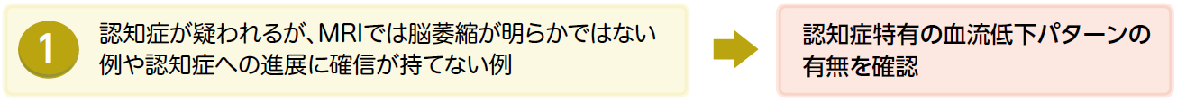 認知症が疑われるがMRIでは脳萎縮が明らかではない例や認知症への進展に確信が持てない例は認知症特融の血流低下のパターンの有無を確認