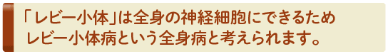 「レビー小体」は全身の神経細胞にできるためレビー小体病という全身病と考えられます。